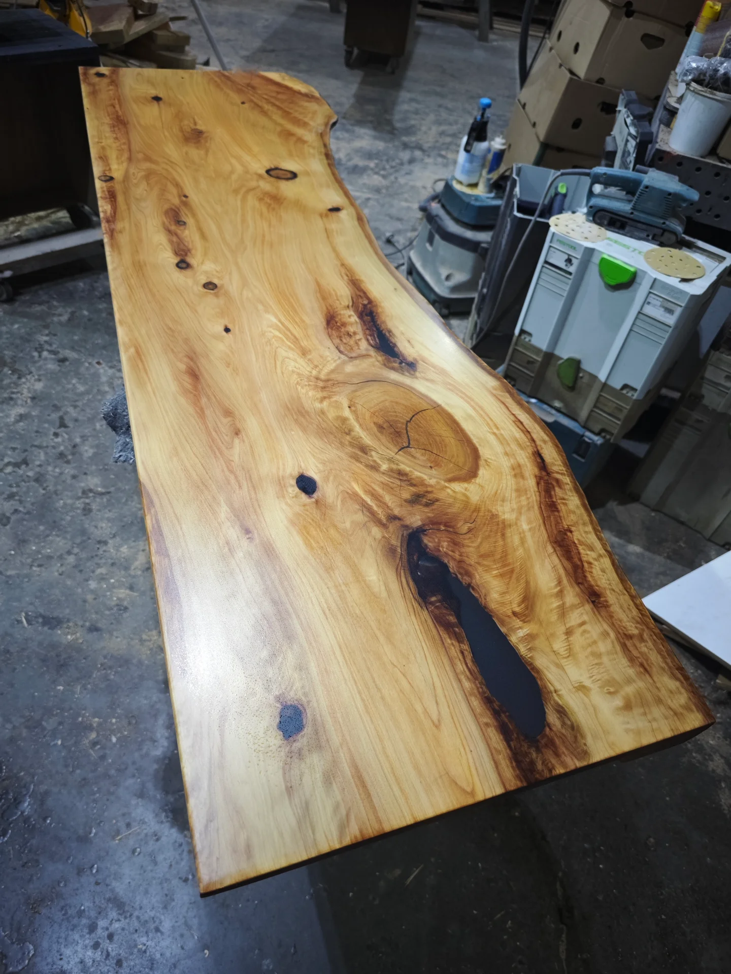 Macrocarpa vanity top with epoxy resin finish — Progress photo