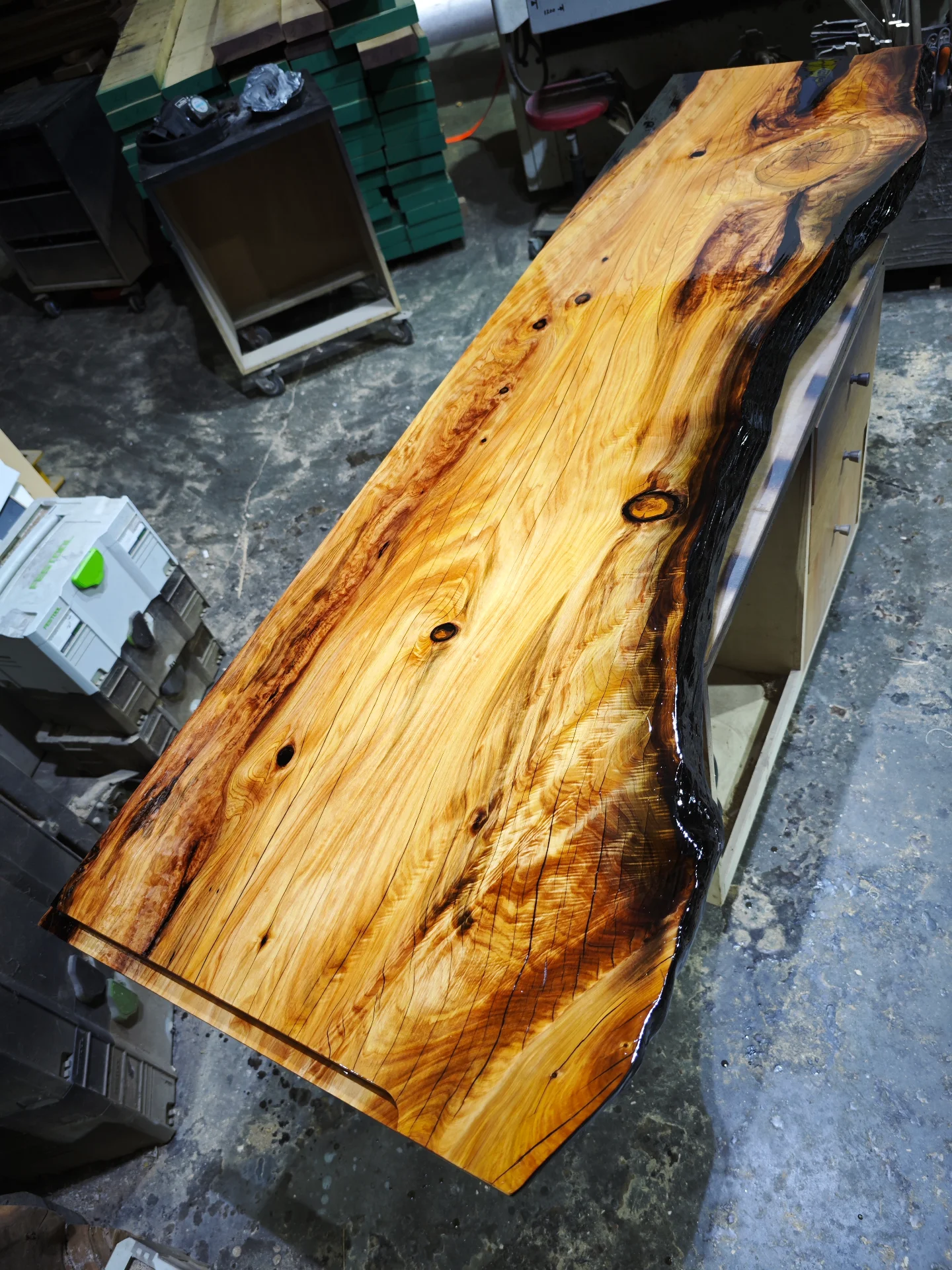 Macrocarpa vanity top with epoxy resin finish — Progress photo
