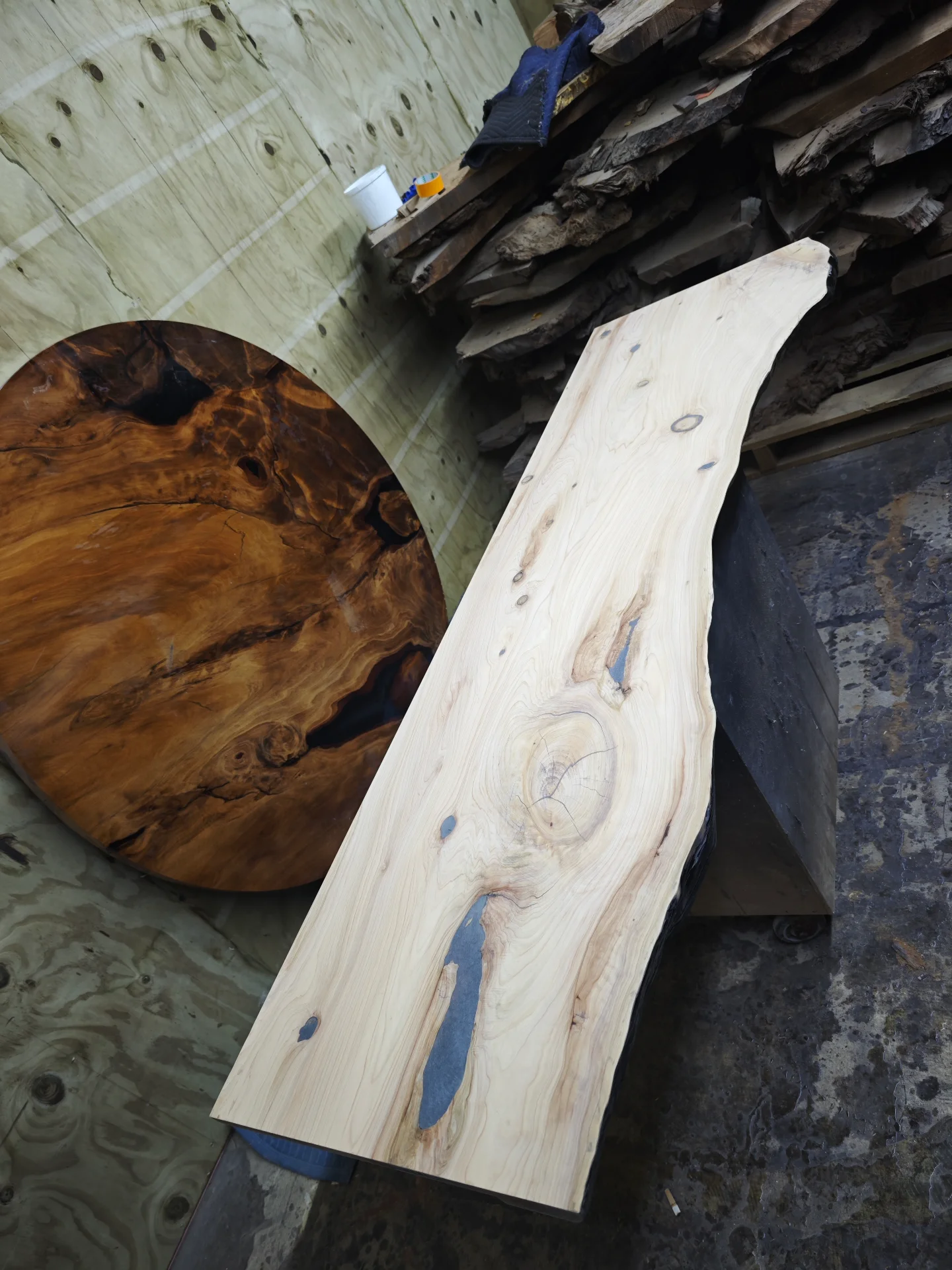 Macrocarpa vanity top with epoxy resin finish — Progress photo