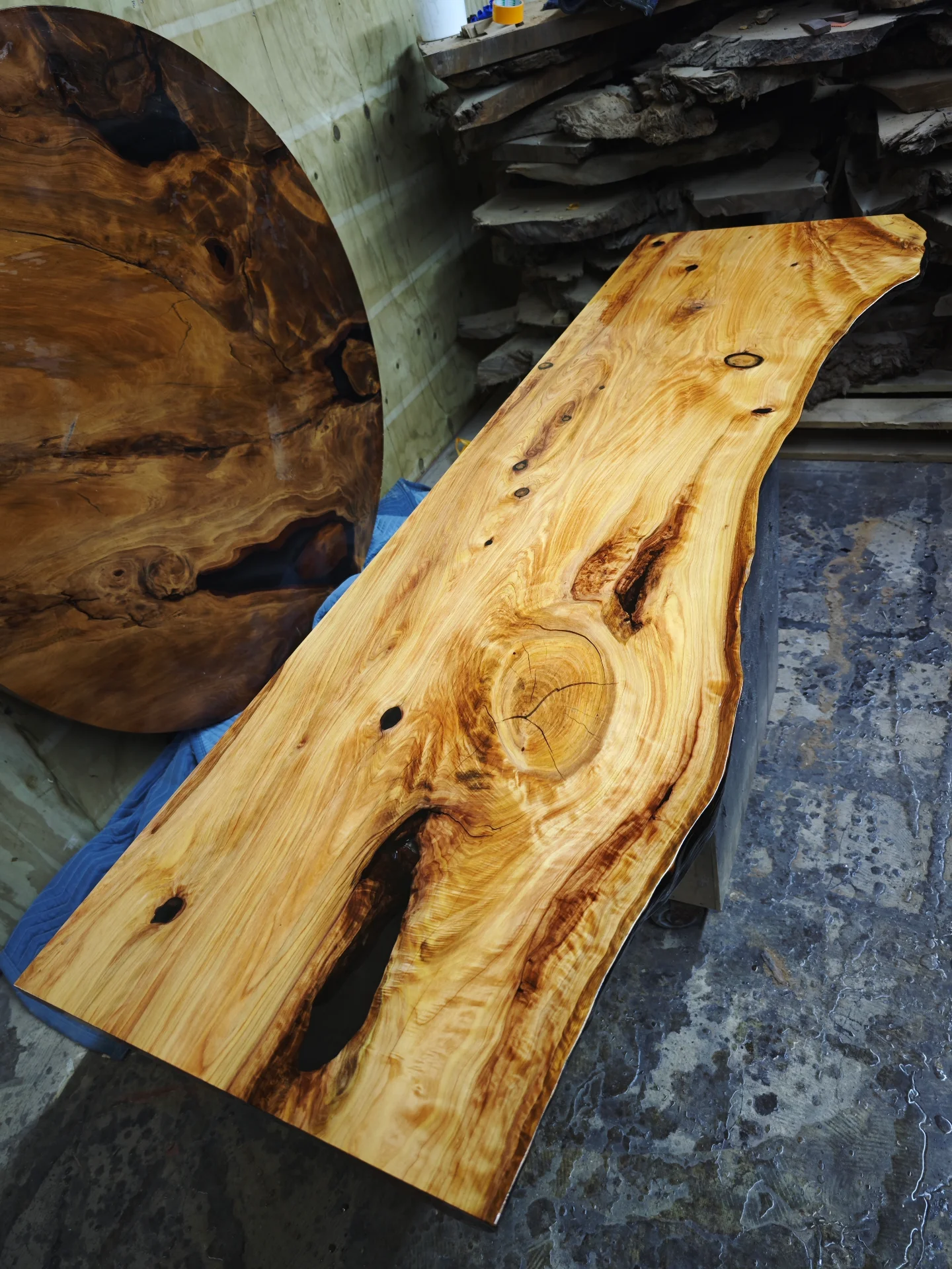 Macrocarpa vanity top with epoxy resin finish — Progress photo