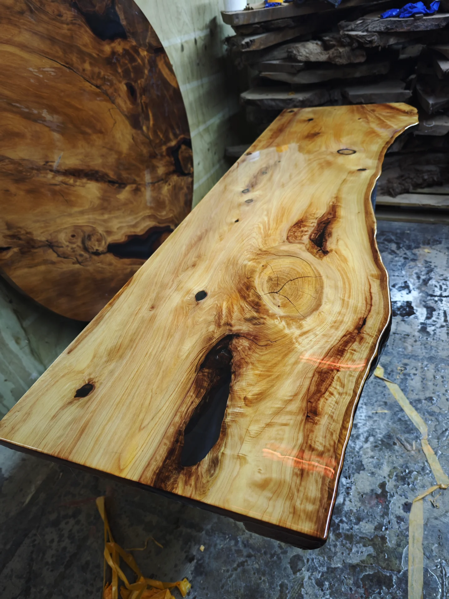 Macrocarpa vanity top with epoxy resin finish — Progress photo