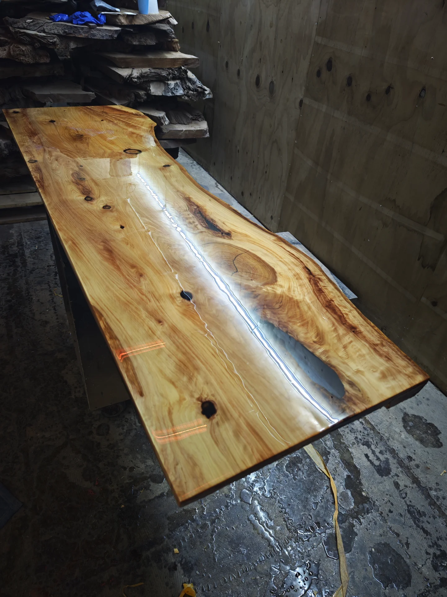 Macrocarpa vanity top with epoxy resin finish — Progress photo