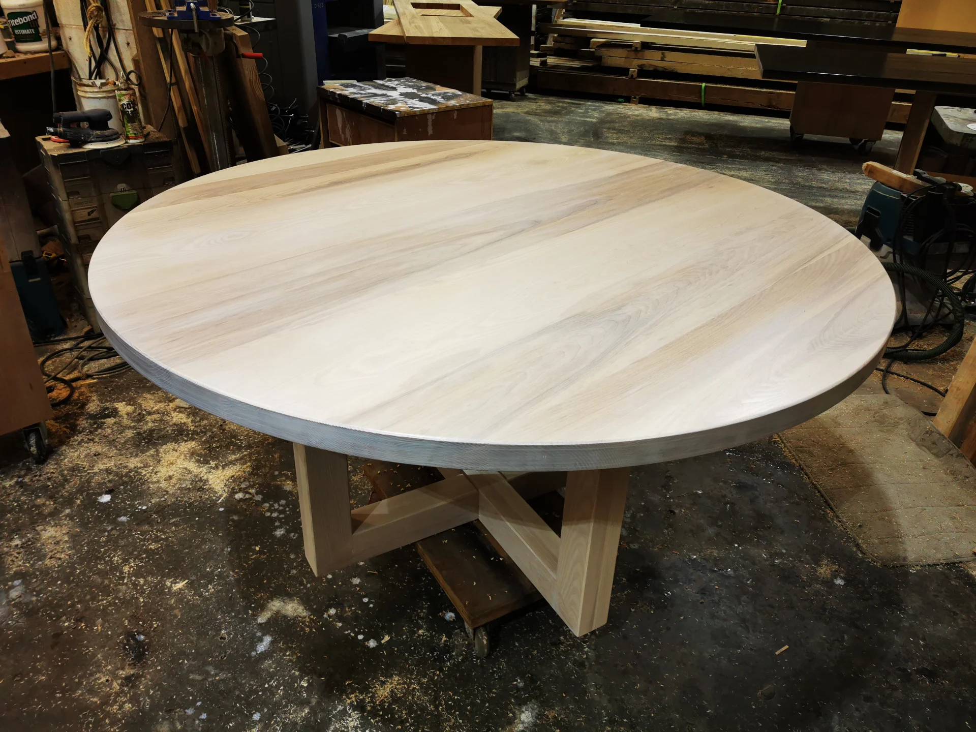 Ash round dinning table in whitewash — Progress photo