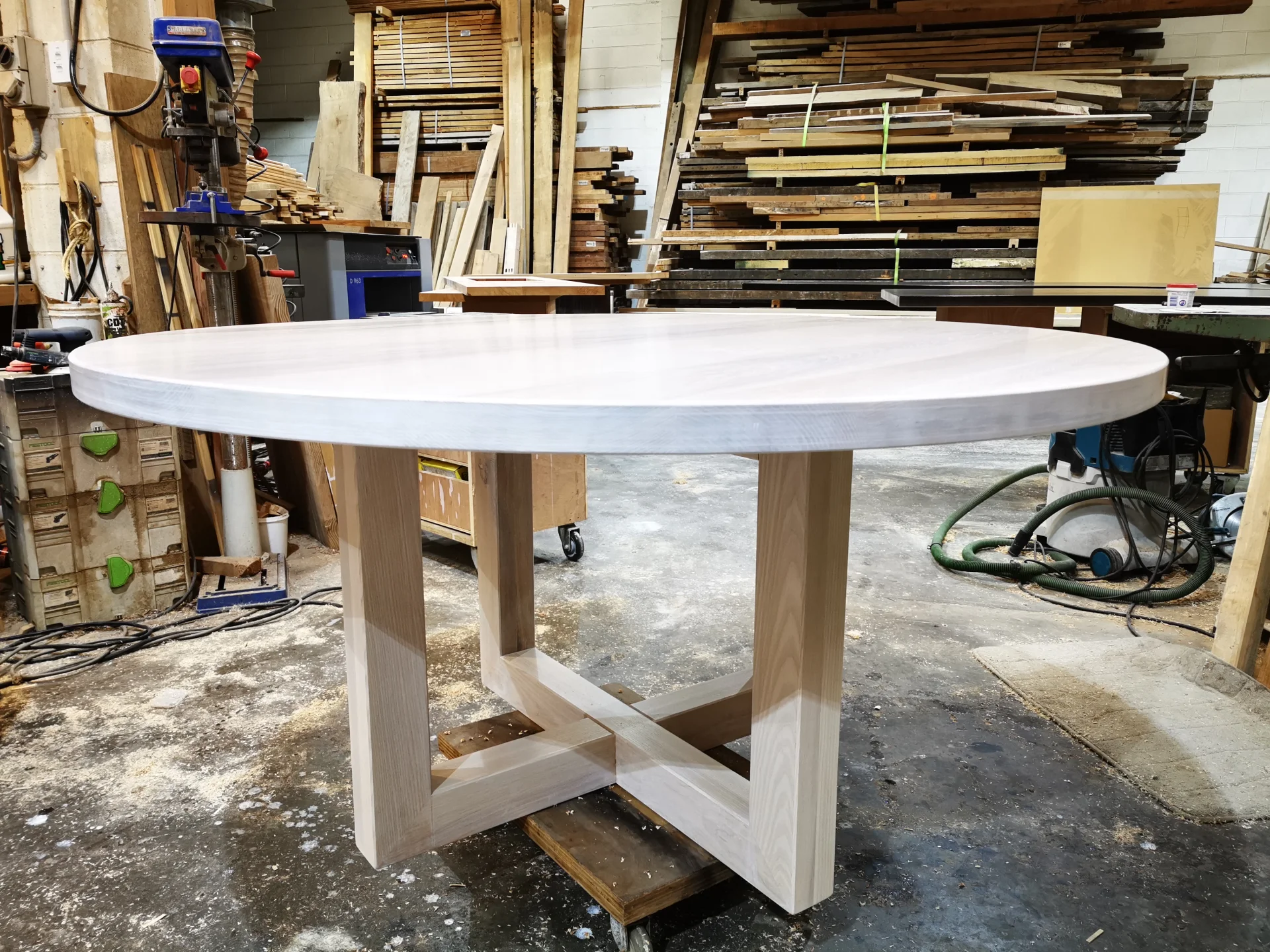 Ash round dinning table in whitewash — Progress photo