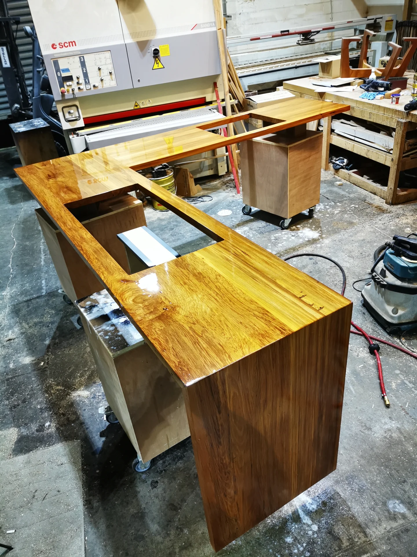 Recycled Rimu counter top with cut out in clear PU — Progress photo
