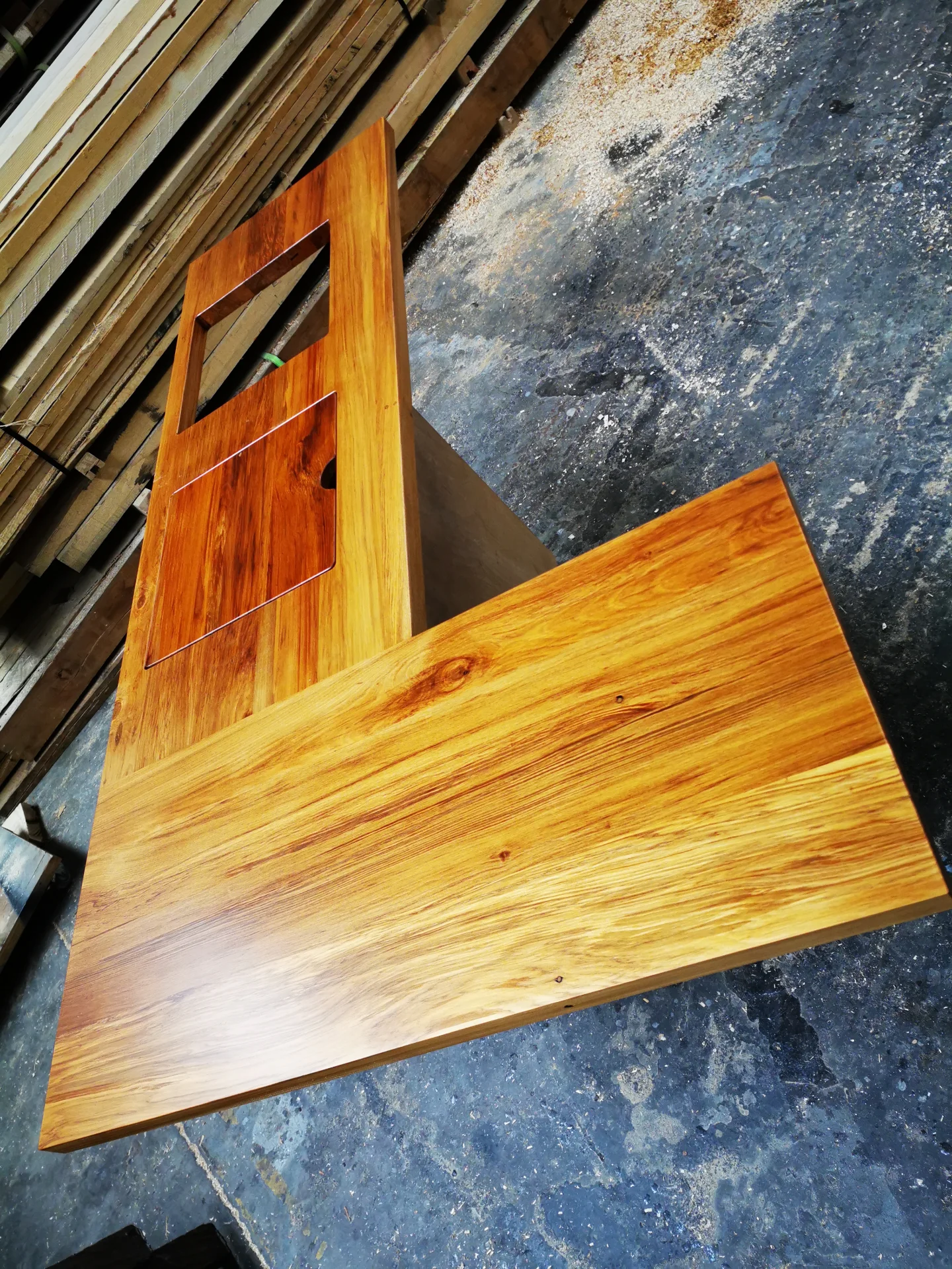 Recycled Rimu counter top with cut out in clear PU — Progress photo