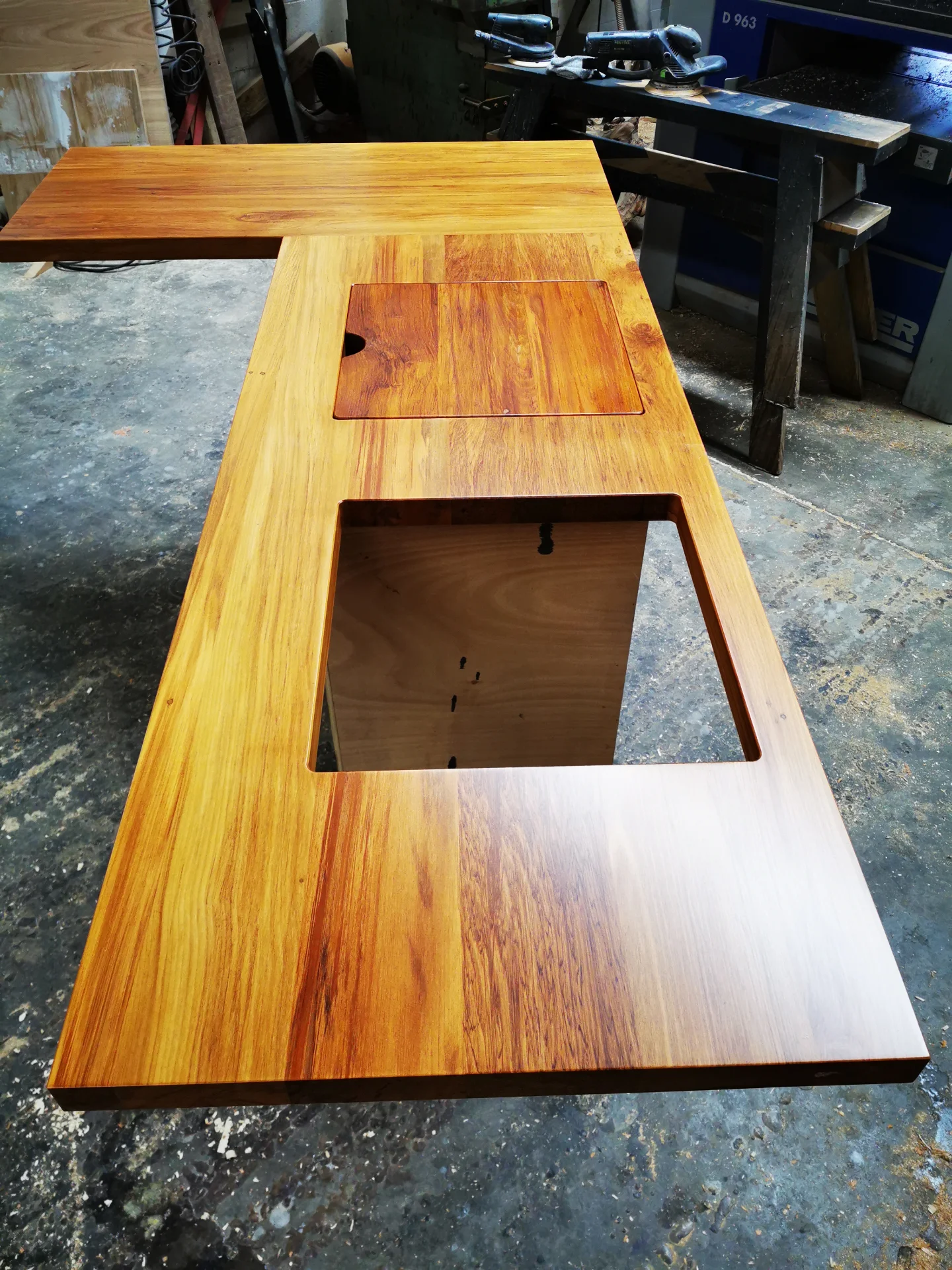 Recycled Rimu counter top with cut out in clear PU — Progress photo