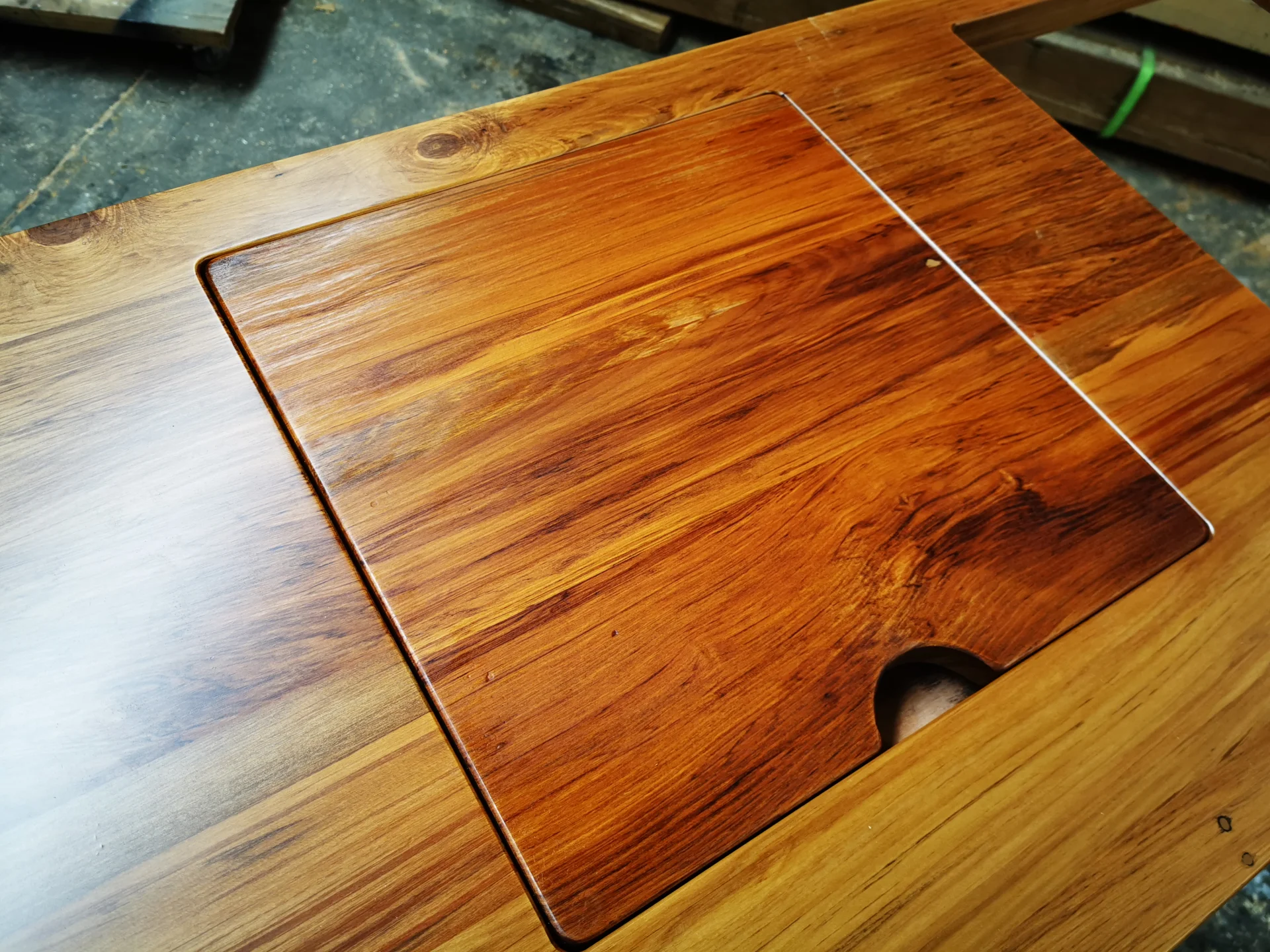 Recycled Rimu counter top with cut out in clear PU — Progress photo