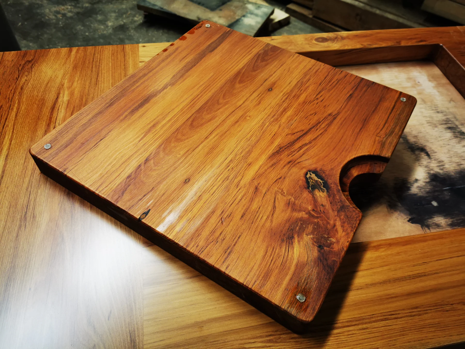 Recycled Rimu counter top with cut out in clear PU — Progress photo