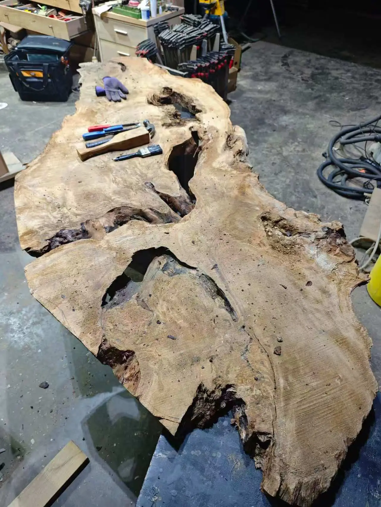 Custom live edge swamp kauri tea table — Progress photo