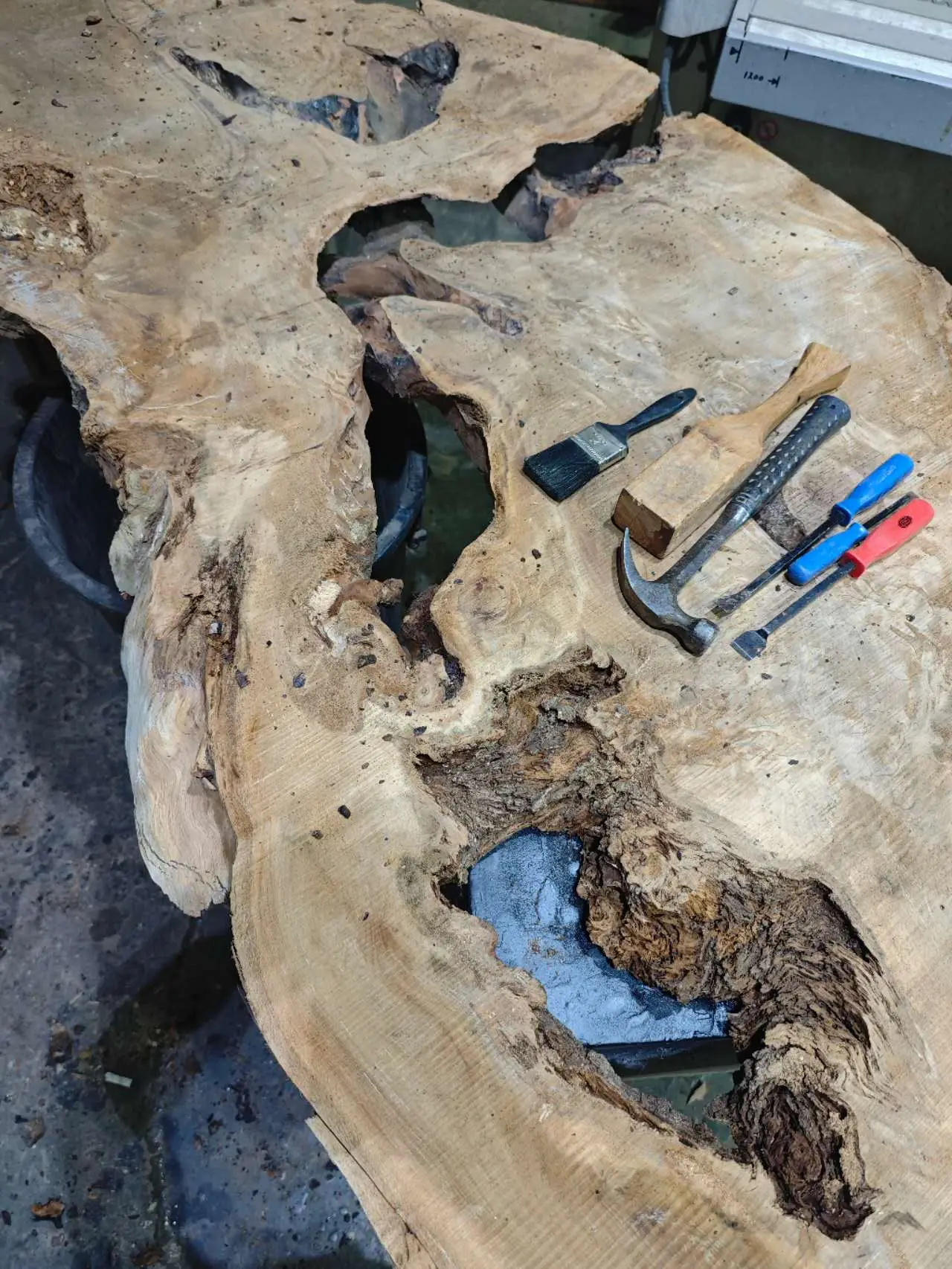 Custom live edge swamp kauri tea table — Progress photo