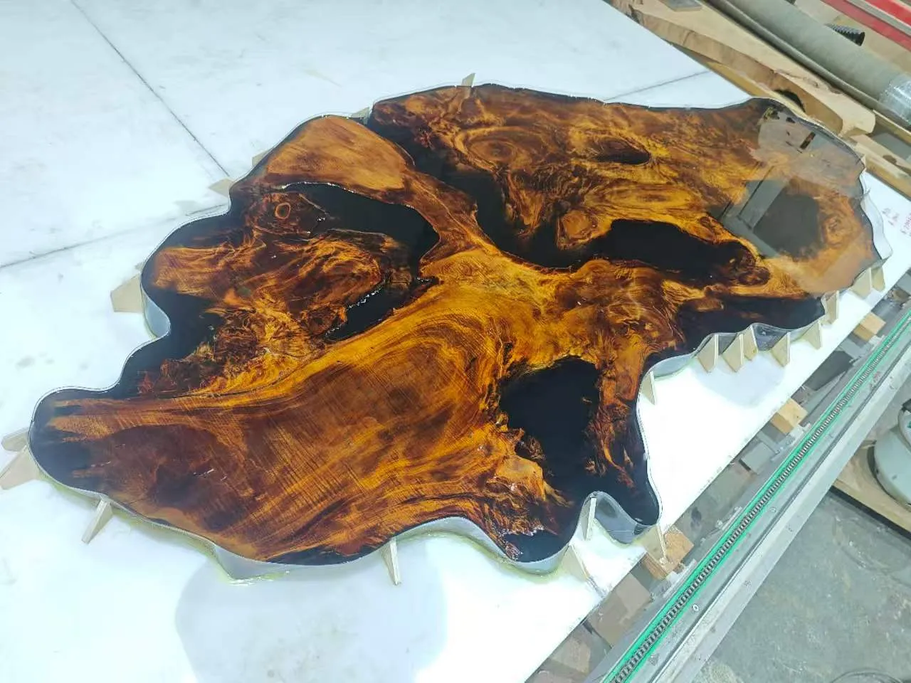 Custom live edge swamp kauri tea table — Progress photo