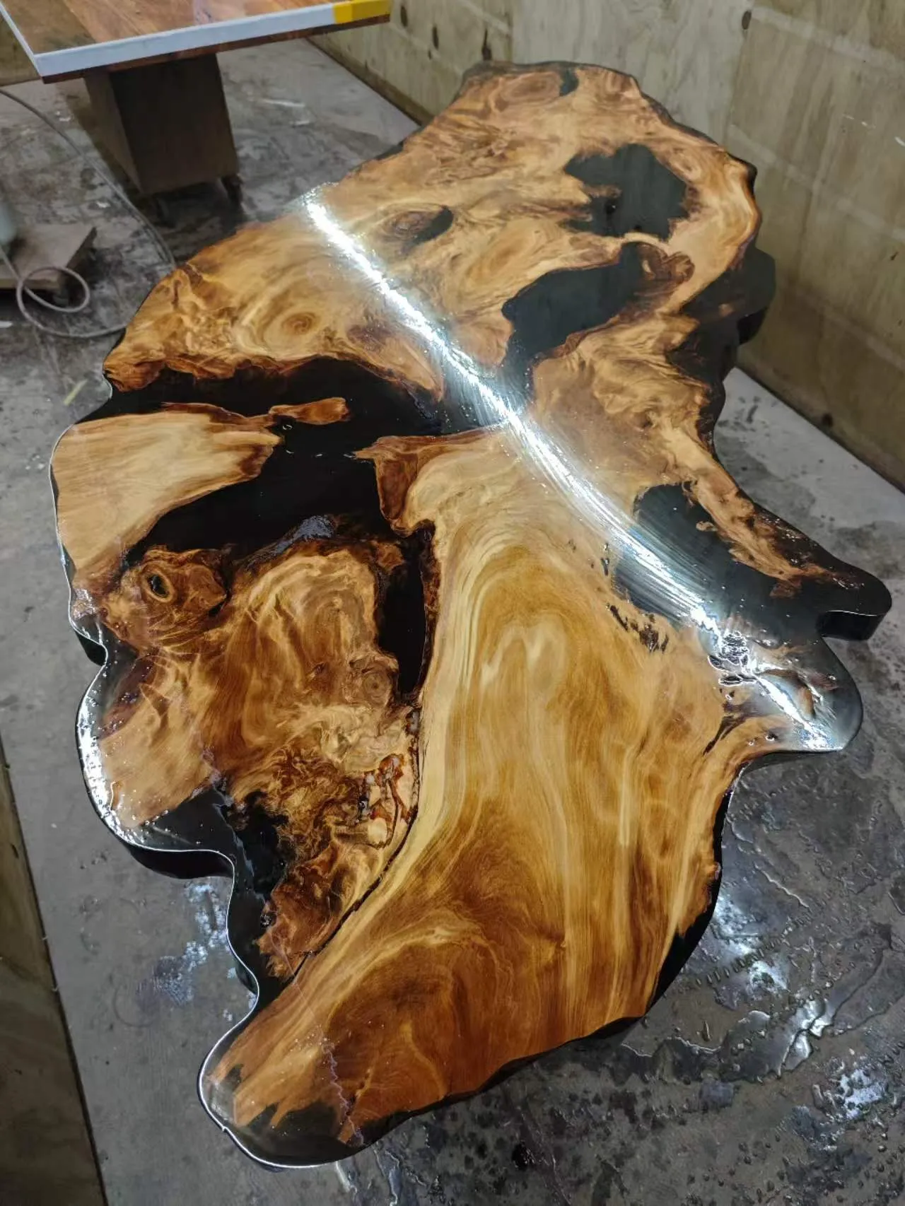 Custom live edge swamp kauri tea table — Progress photo
