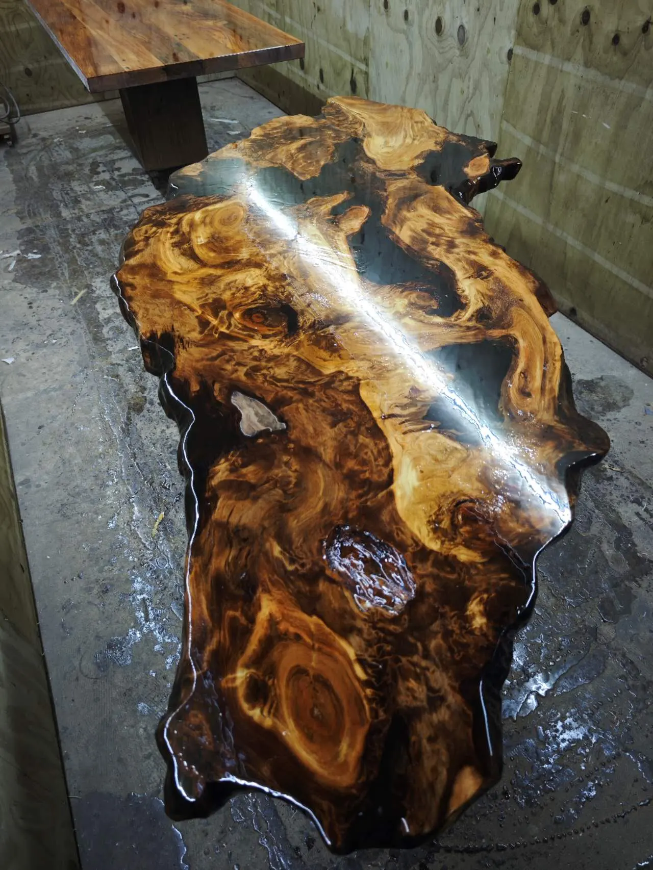 Custom live edge swamp kauri tea table — Progress photo