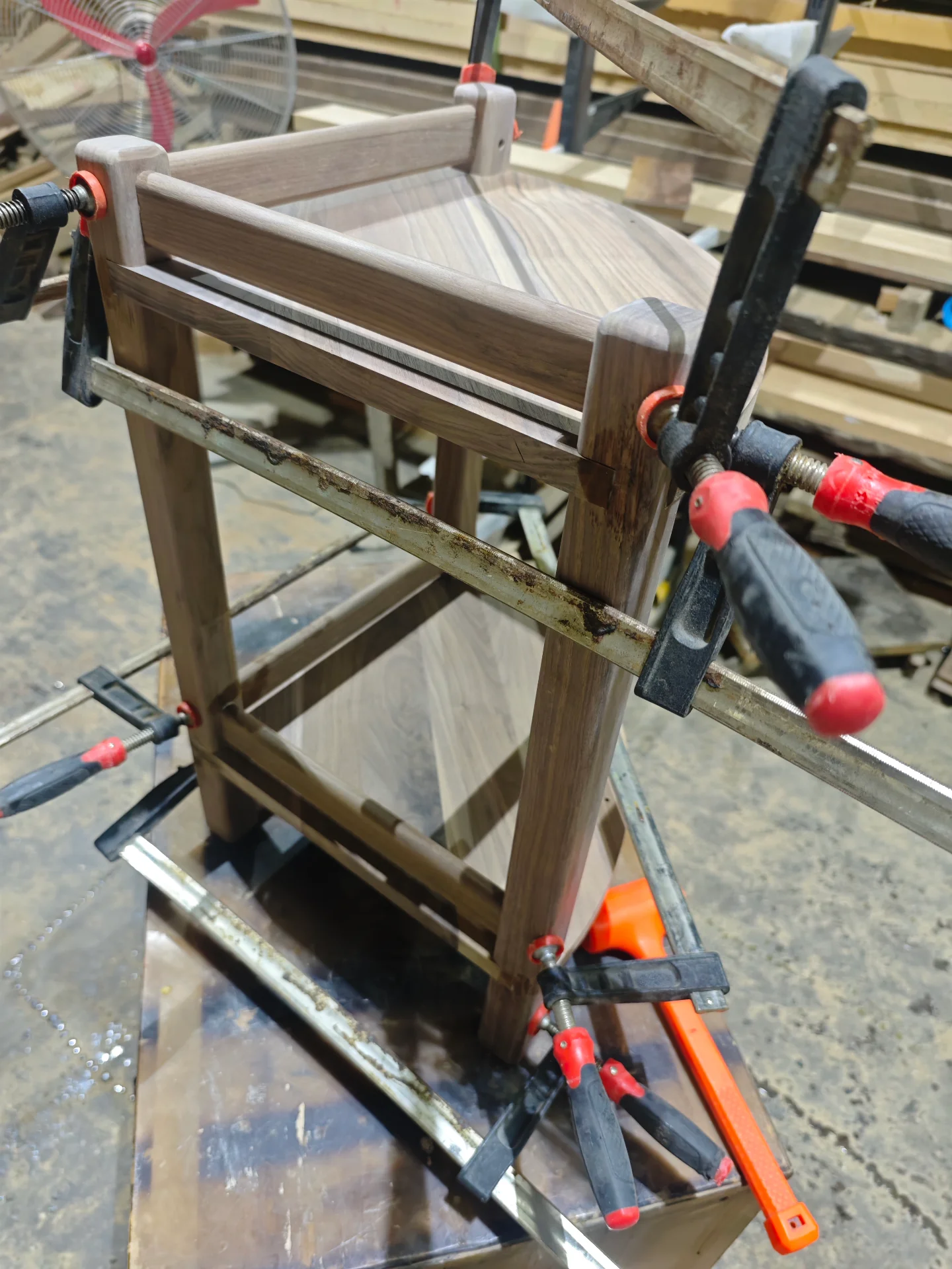 Clamped black walnut corner table during glue-up