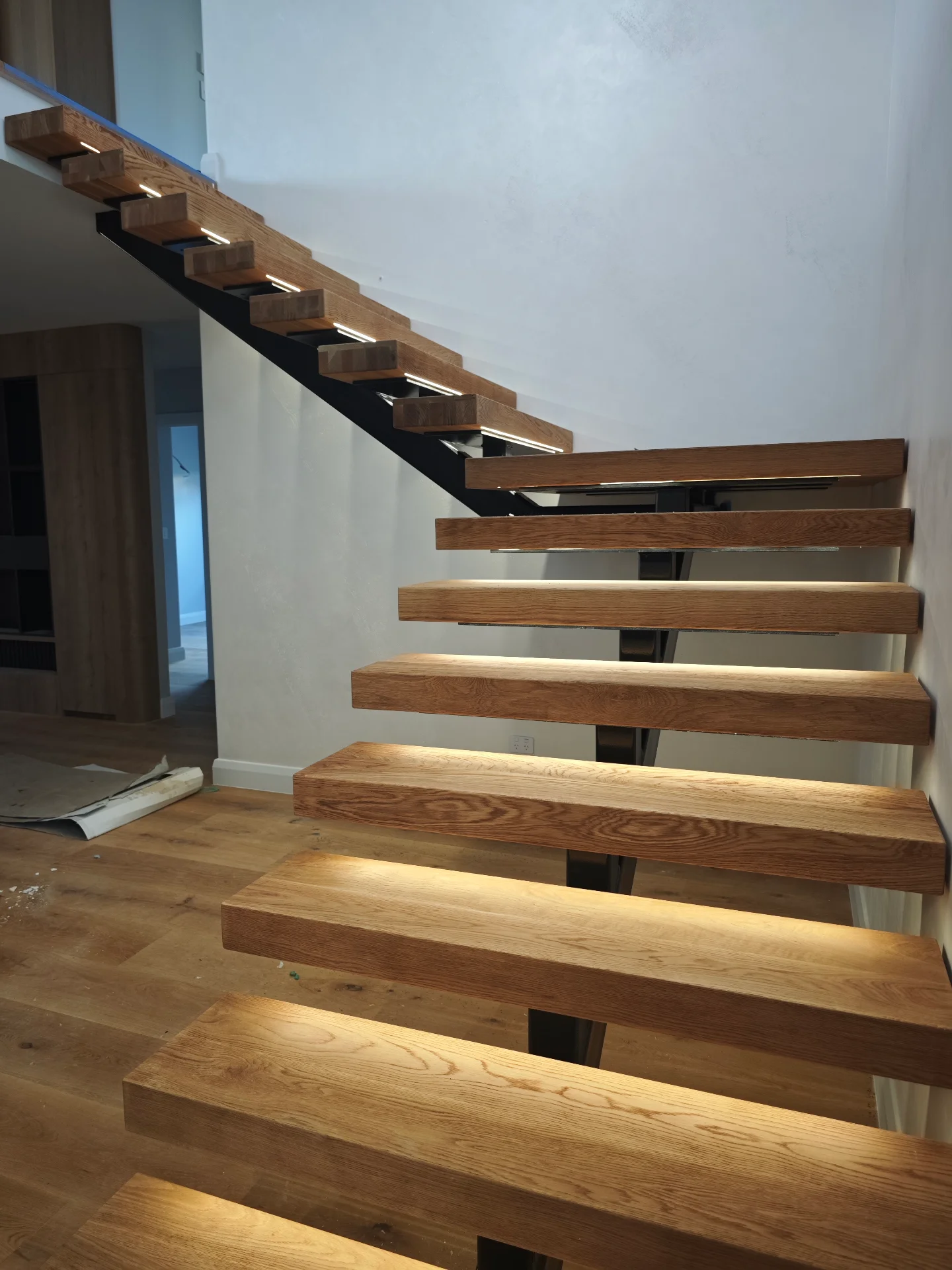 Custom white oak stair treads and landing — Progress photo