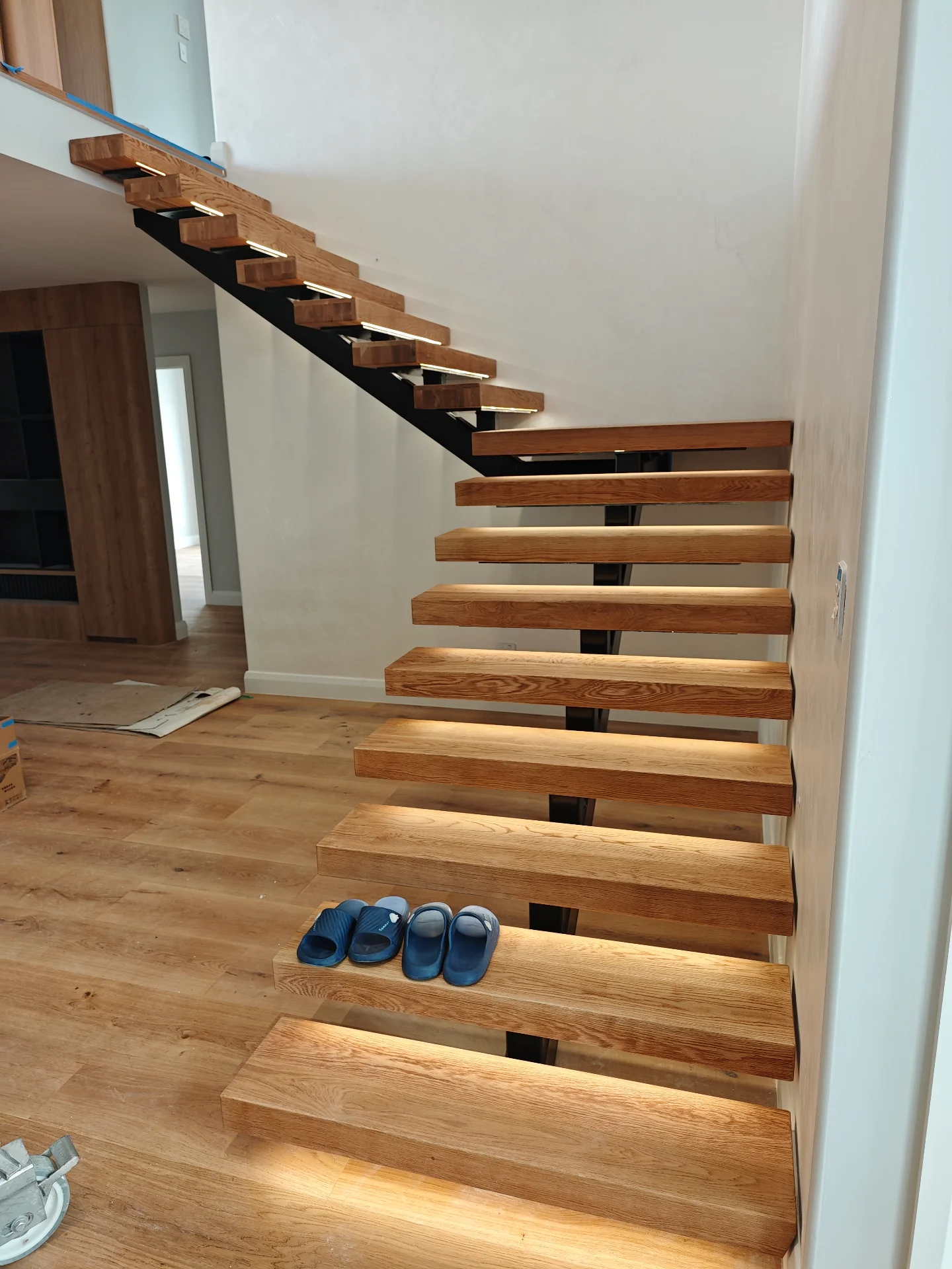 Custom white oak stair treads and landing — Progress photo